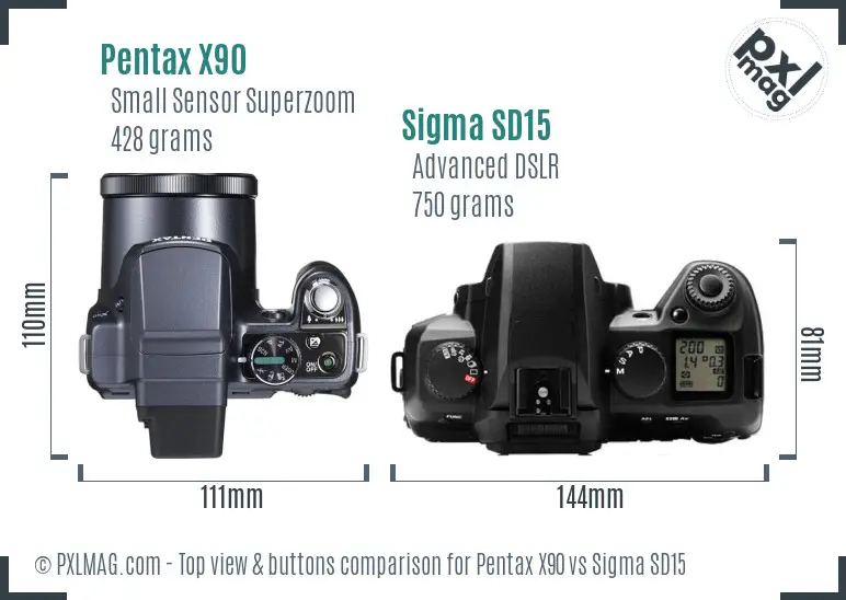 Pentax X90 vs Sigma SD15 top view buttons comparison