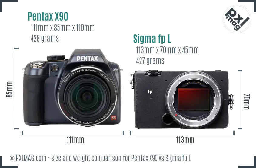 Pentax X90 vs Sigma fp L size comparison