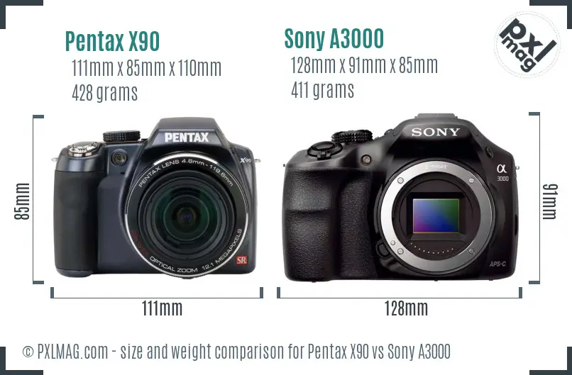 Pentax X90 vs Sony A3000 size comparison