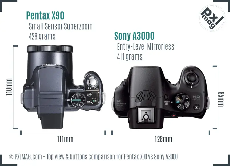 Pentax X90 vs Sony A3000 top view buttons comparison