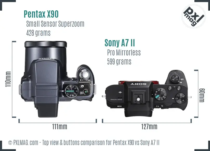 Pentax X90 vs Sony A7 II top view buttons comparison