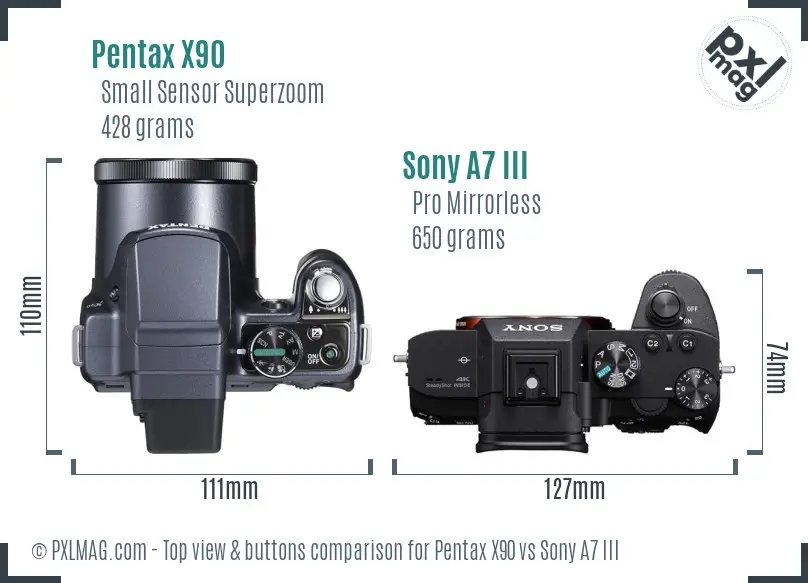 Pentax X90 vs Sony A7 III top view buttons comparison