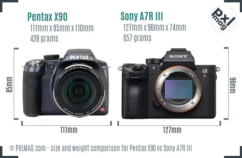 Pentax X90 vs Sony A7R III size comparison