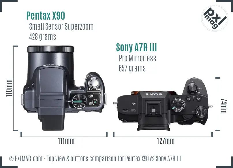 Pentax X90 vs Sony A7R III top view buttons comparison