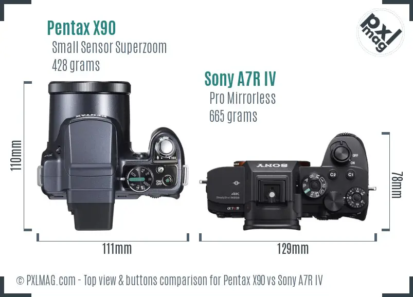 Pentax X90 vs Sony A7R IV top view buttons comparison