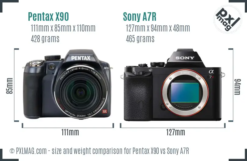 Pentax X90 vs Sony A7R size comparison