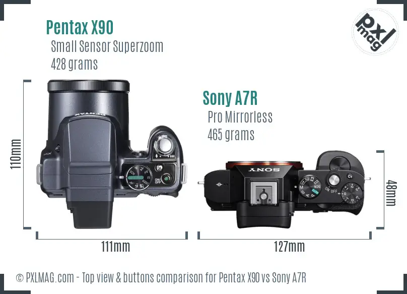 Pentax X90 vs Sony A7R top view buttons comparison