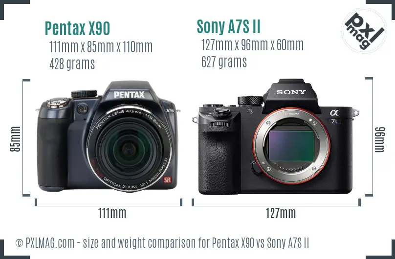 Pentax X90 vs Sony A7S II size comparison