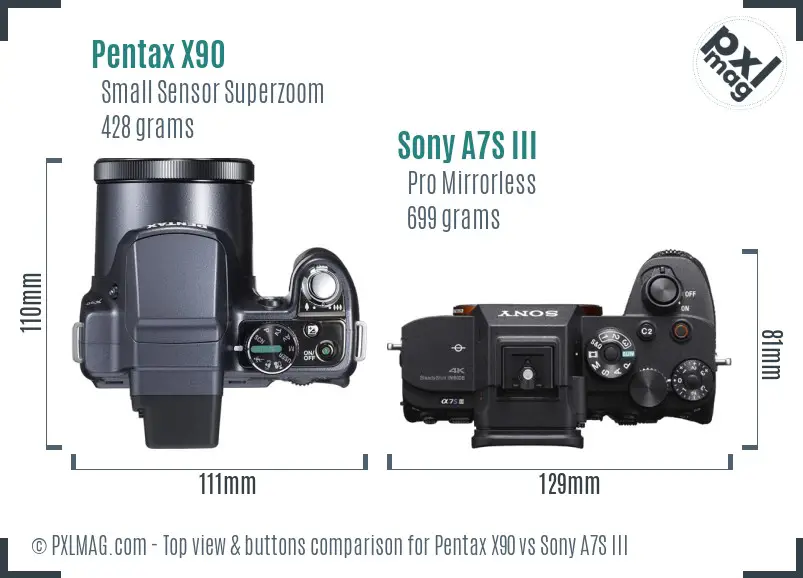 Pentax X90 vs Sony A7S III top view buttons comparison
