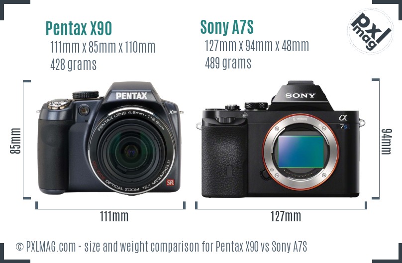 Pentax X90 vs Sony A7S size comparison