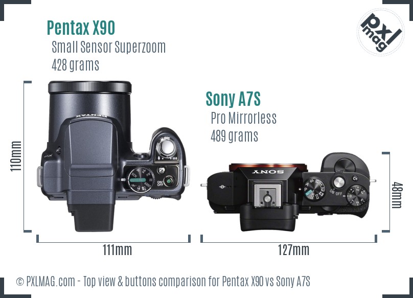 Pentax X90 vs Sony A7S top view buttons comparison