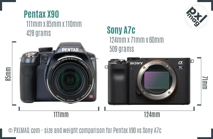 Pentax X90 vs Sony A7c size comparison