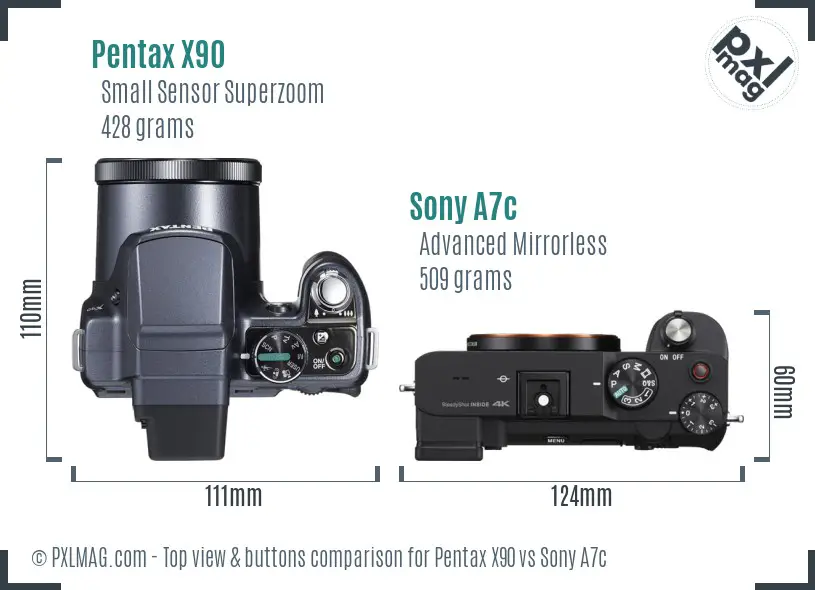 Pentax X90 vs Sony A7c top view buttons comparison