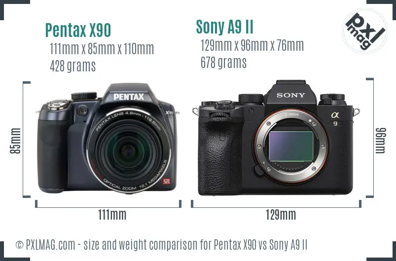 Pentax X90 vs Sony A9 II size comparison