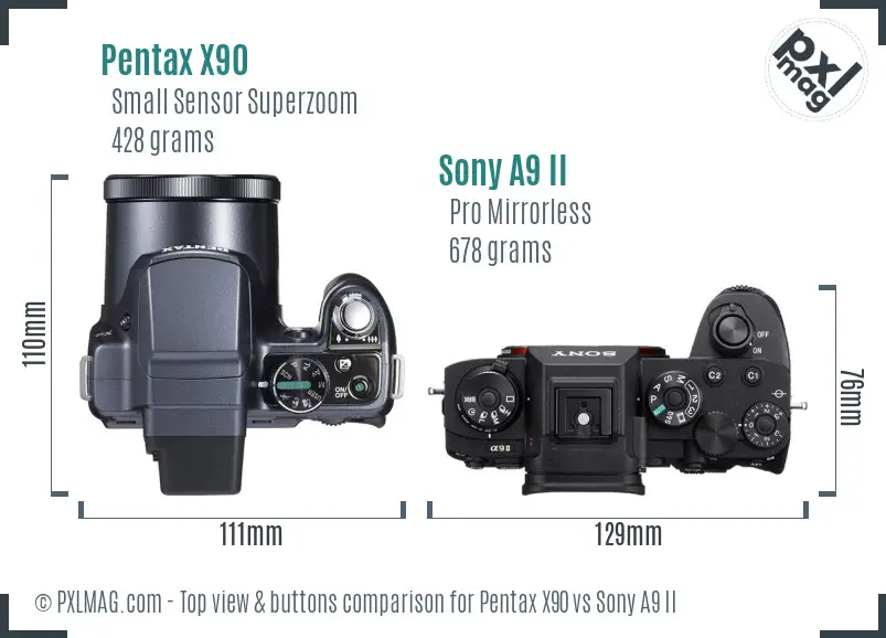 Pentax X90 vs Sony A9 II top view buttons comparison