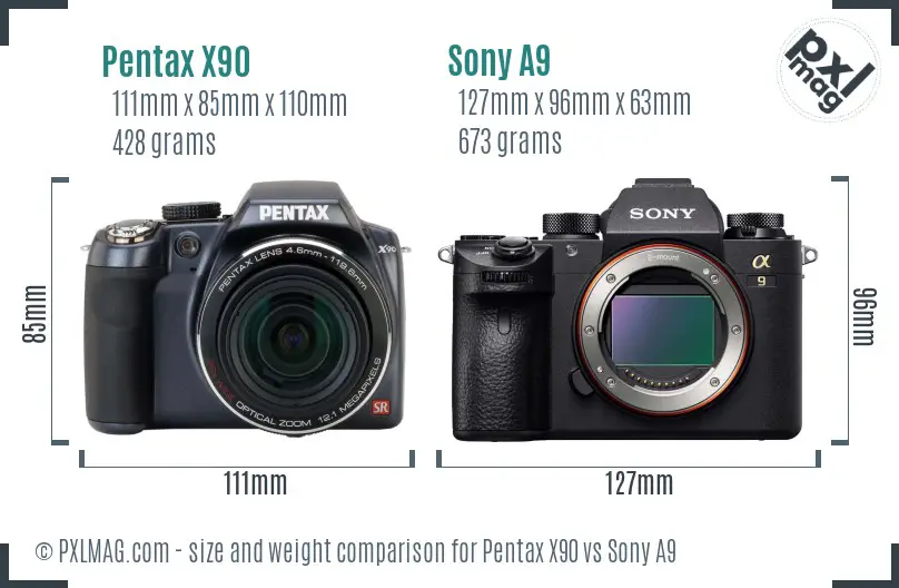 Pentax X90 vs Sony A9 size comparison