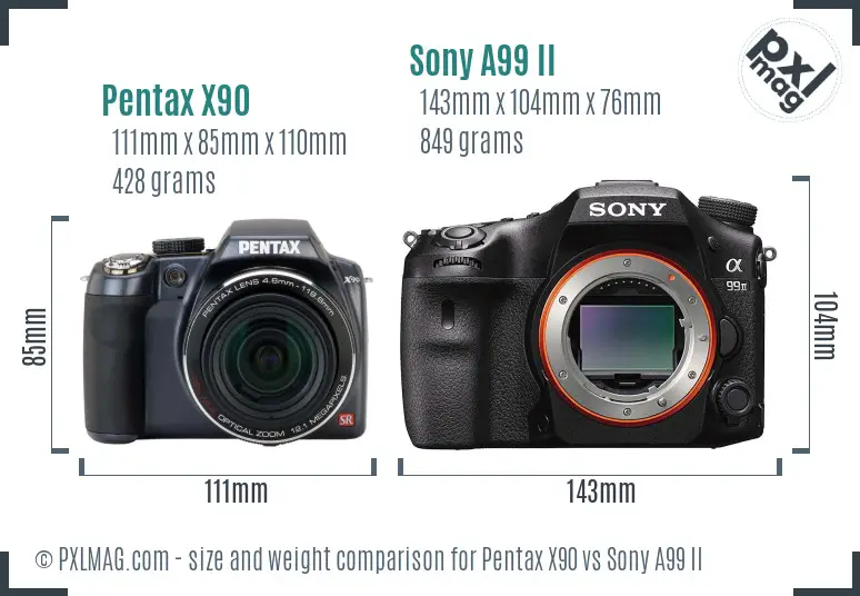 Pentax X90 vs Sony A99 II size comparison