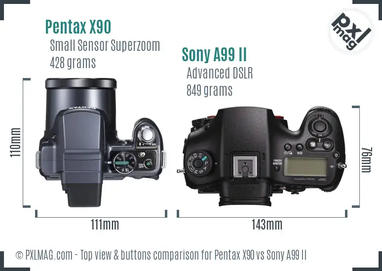 Pentax X90 vs Sony A99 II top view buttons comparison