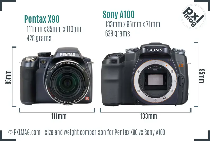 Pentax X90 vs Sony A100 size comparison