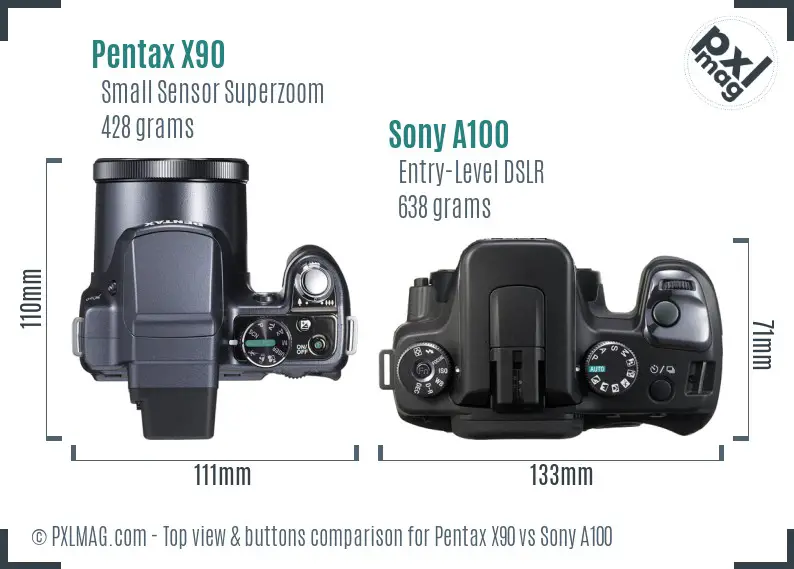 Pentax X90 vs Sony A100 top view buttons comparison