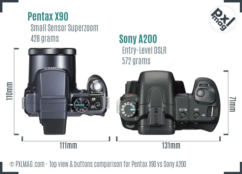 Pentax X90 vs Sony A200 top view buttons comparison