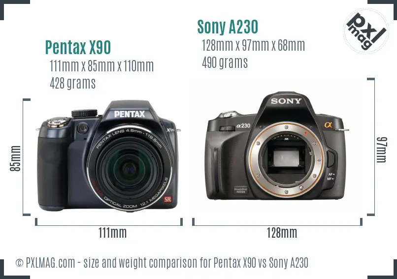Pentax X90 vs Sony A230 size comparison