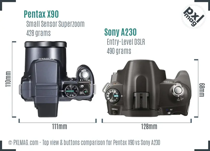 Pentax X90 vs Sony A230 top view buttons comparison