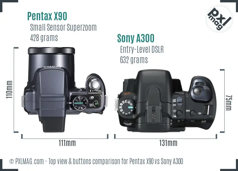 Pentax X90 vs Sony A300 top view buttons comparison