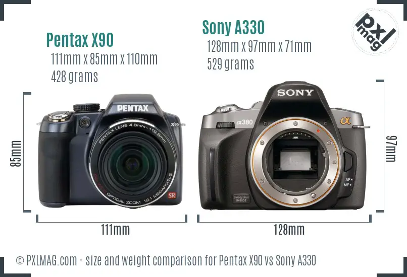 Pentax X90 vs Sony A330 size comparison