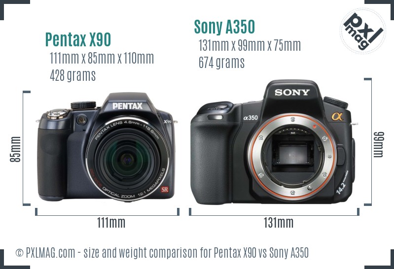 Pentax X90 vs Sony A350 size comparison