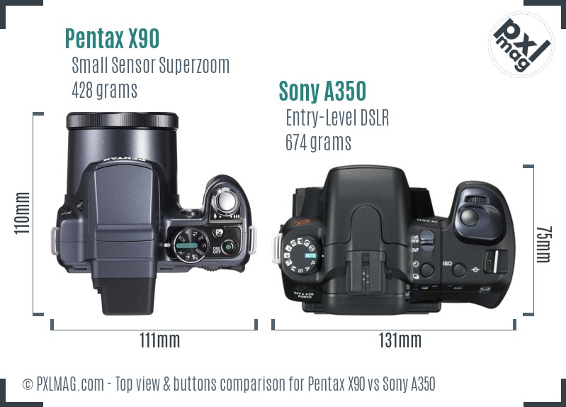 Pentax X90 vs Sony A350 top view buttons comparison