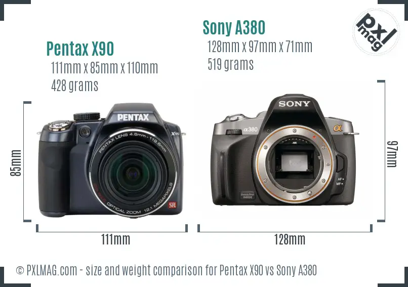 Pentax X90 vs Sony A380 size comparison