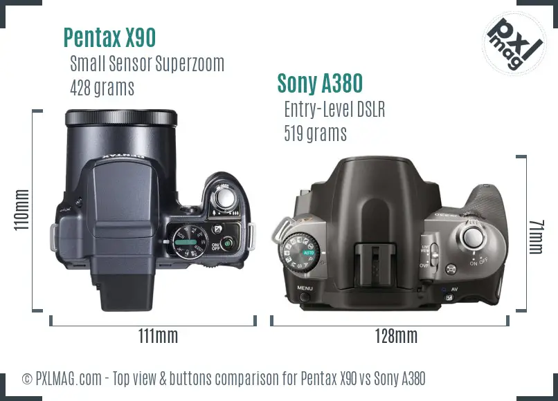 Pentax X90 vs Sony A380 top view buttons comparison