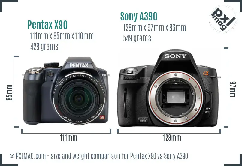 Pentax X90 vs Sony A390 size comparison Pentax X90 vs Sony A390 size comparison