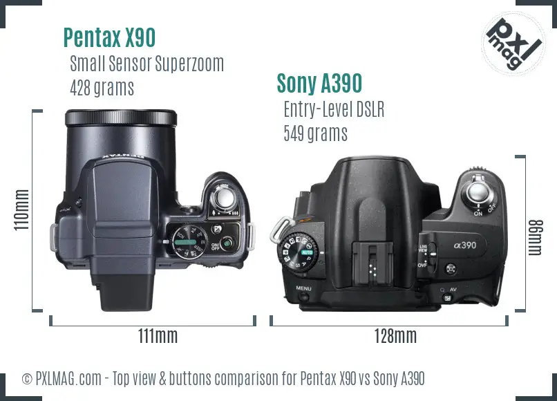 Pentax X90 vs Sony A390 top view buttons comparison Pentax X90 vs Sony A390 top view buttons comparison