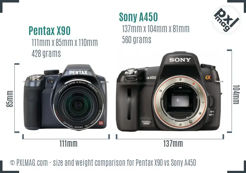 Pentax X90 vs Sony A450 size comparison