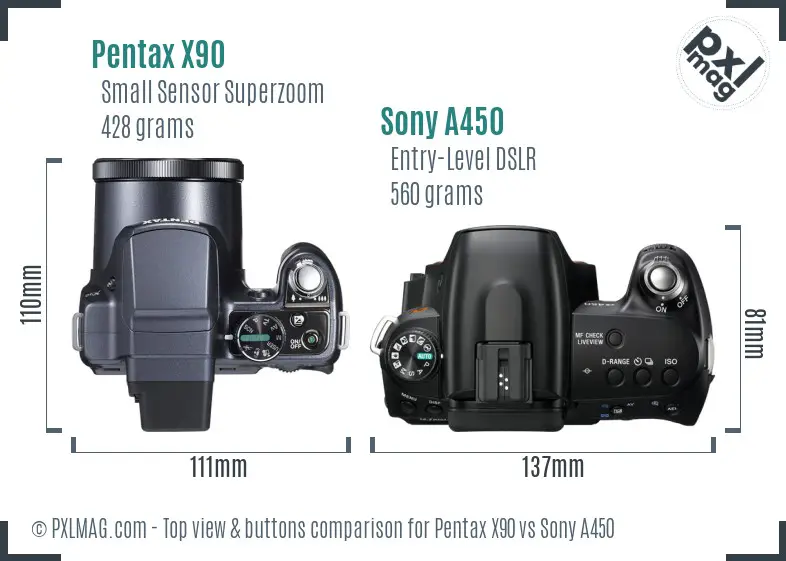 Pentax X90 vs Sony A450 top view buttons comparison