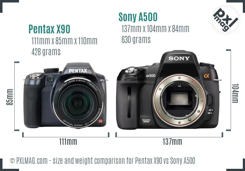 Pentax X90 vs Sony A500 size comparison