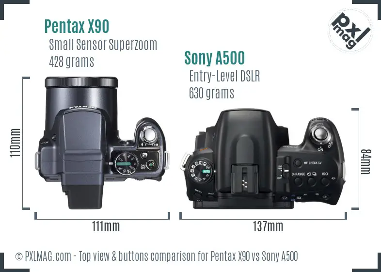 Pentax X90 vs Sony A500 top view buttons comparison