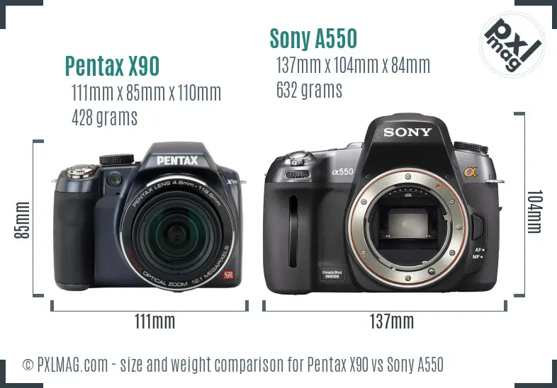 Pentax X90 vs Sony A550 size comparison