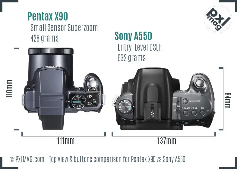 Pentax X90 vs Sony A550 top view buttons comparison