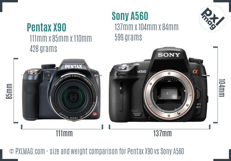 Pentax X90 vs Sony A560 size comparison