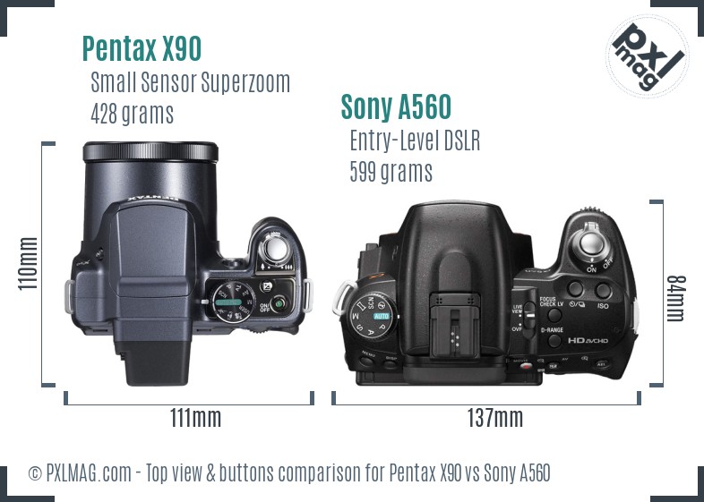 Pentax X90 vs Sony A560 top view buttons comparison