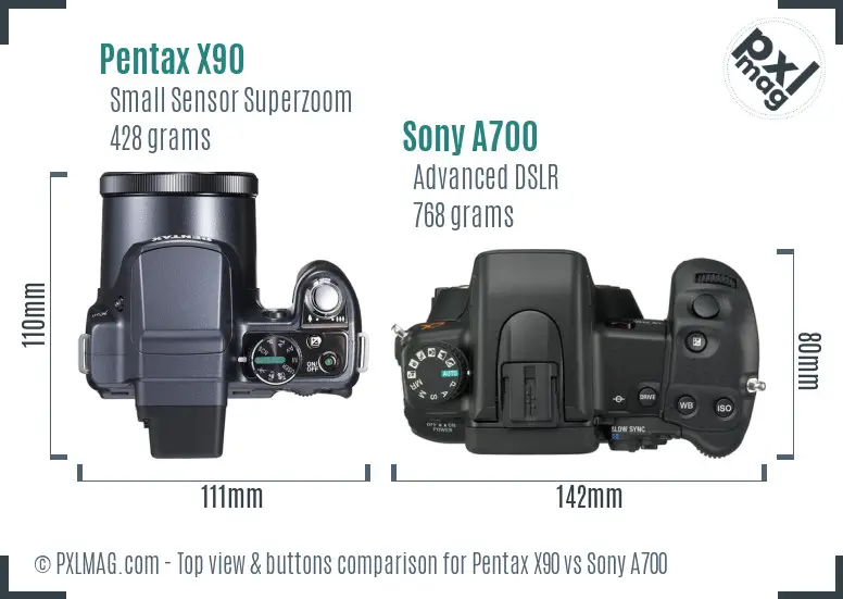 Pentax X90 vs Sony A700 top view buttons comparison