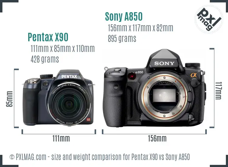 Pentax X90 vs Sony A850 size comparison