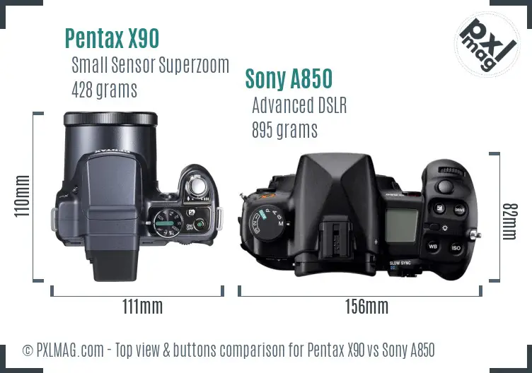 Pentax X90 vs Sony A850 top view buttons comparison