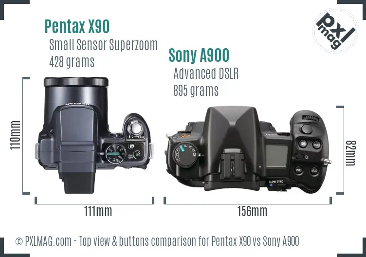 Pentax X90 vs Sony A900 top view buttons comparison