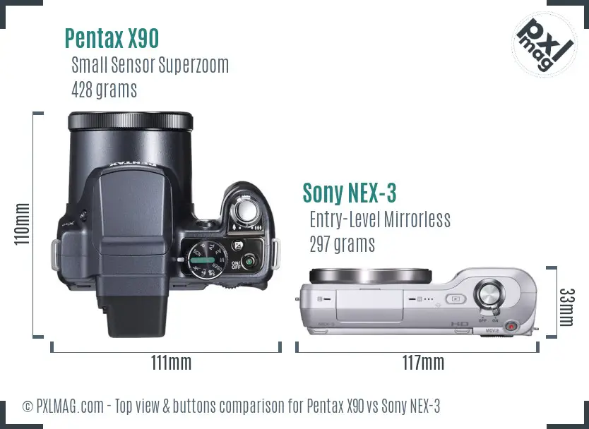 Pentax X90 vs Sony NEX-3 top view buttons comparison