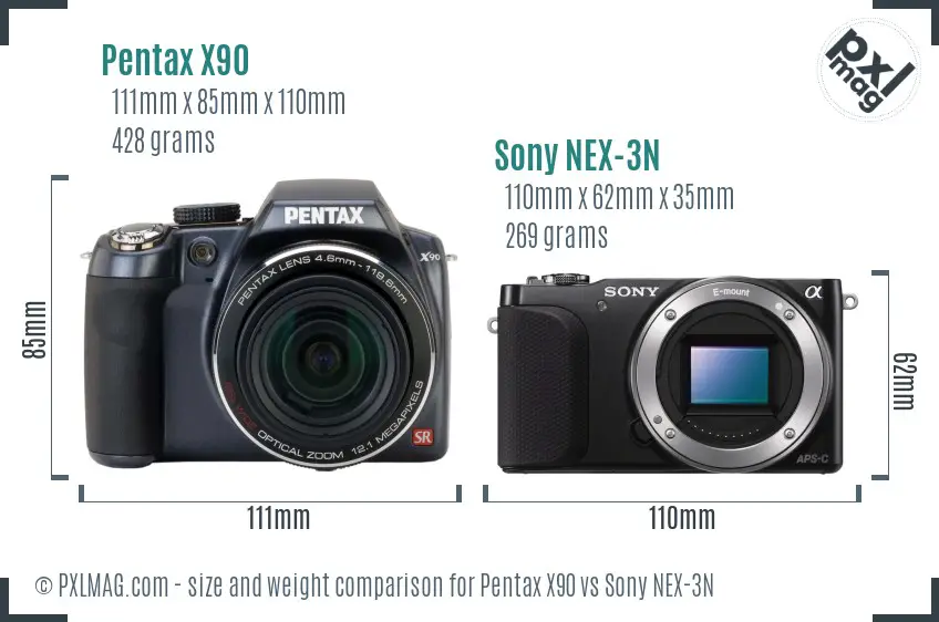 Pentax X90 vs Sony NEX-3N size comparison