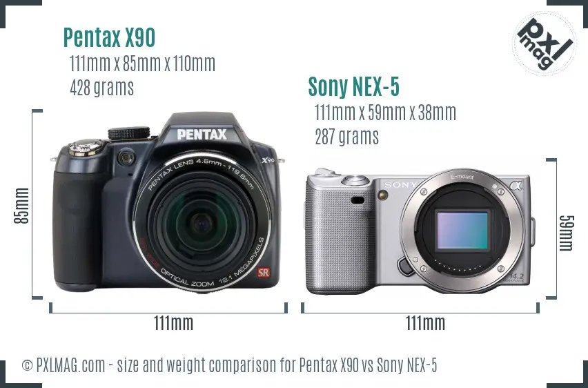 Pentax X90 vs Sony NEX-5 size comparison